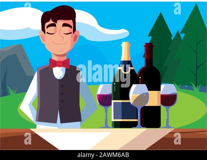 man professional waiter offering red wine vector illustration design Stock Vector