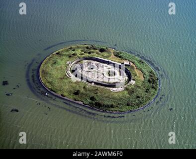 Pampus, Holland, July 11 - 1990: Historical aerial photo of the artificial island Pampus, a late 19th-century sea fort located in the IJmeer Stock Photo