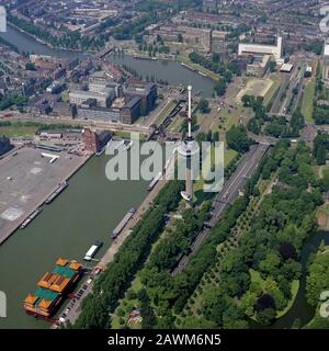 Rotterdam, Holland,June 20 - 1995: Historical aerial photo of Euromast observation tower in Rotterdam, Holland Stock Photo