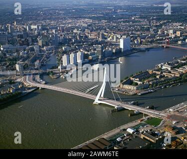 Rotterdam, Holland,September 5, 1996: Historical aerial photo of the Erasmusbrug over the New Meuse in Rotterdam, Holland Stock Photo