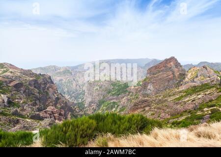 Mountain landscape of Pico do Arieiro at sunny summer day, it is third highest peak of Madeira Island, Portugal Stock Photo