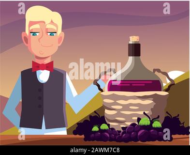 man professional waiter offering red wine vector illustration design Stock Vector