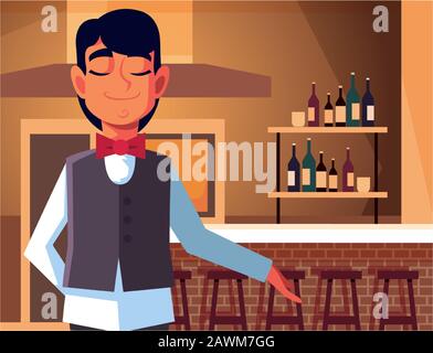 man professional waiter offering red wine in the bar vector illustration design Stock Vector