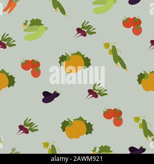 Seamless pattern with organic vegetables. Squash, cucamber, tomato, eggplant, pumpkin and carrot. Organic food background. Stock Vector
