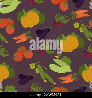 Vector seamless pattern with organic vegetables on a dark. Squash , cucamber, tomato, eggplant, pumpkin and carrot. Organic food background. Stock Vector