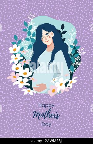 Happy Mother's Day. Pregnant woman surrounded by many flowers. Vertical Vector cute flat illustration. Stock Vector