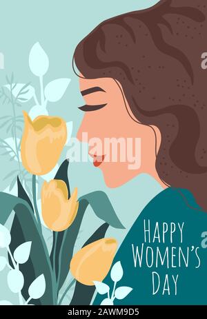 International Women s Day. Cute Vector illustration with face of woman and bouquet of flowers for card, poster, flyer and other Stock Vector