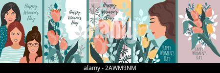 Vector set of illustrations for International Women's Day. Cute cartoon tamplate for cards and posters Stock Vector