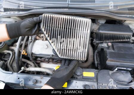 Dirty car engine air filter Stock Photo