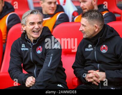 9th February 2020; Broadwood Stadium, Cumbernauld, North Lanarkshire, Scotland; Scottish Cup Football, Clyde versus Celtic; Clyde Manager Danny Lennon has a laugh on the bench Stock Photo