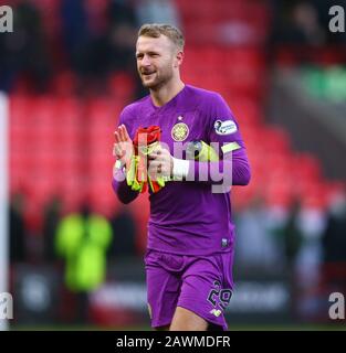 9th February 2020; Broadwood Stadium, Cumbernauld, North Lanarkshire, Scotland; Scottish Cup Football, Clyde versus Celtic; Scott Bain of Celtic applauds the supporters after the match Stock Photo