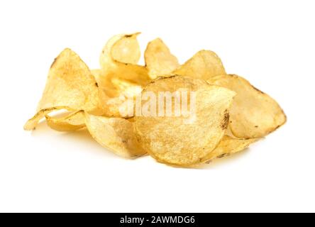 Potato chips close up view isolated on white background Stock Photo