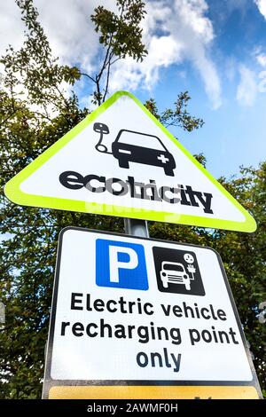 Electric charging point for cars in motorway service area, Stock Photo