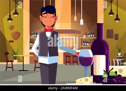 man professional waiter offering red wine in the bar vector illustration design Stock Vector