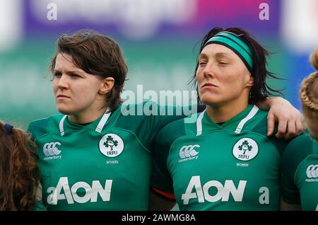 Energia Park, Dublin, Leinster, Ireland. 9th Feb, 2020. International Womens Rugby, Six Nations, Ireland versus Wales; Ciara Griffin (c) and Lindsay Peat of Ireland prior to kickoff Credit: Action Plus Sports/Alamy Live News Stock Photo