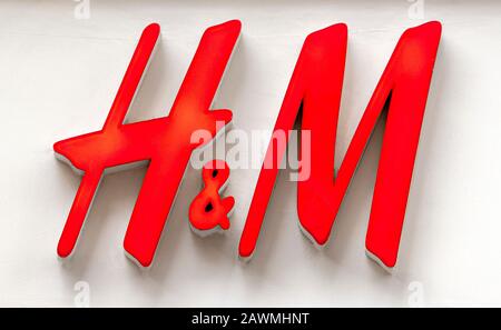 STOCKHOLM - JAN 02: H&M Logotype in front of Entrance to the Shopping Mall in Stockholm on January 02. 2020 in Sweden Stock Photo