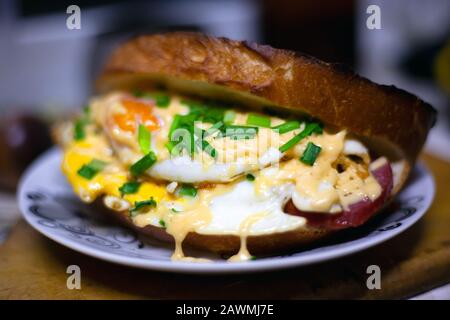 sandwiches with egg,cheese and green onion. homemade hot sandwich. Stock Photo