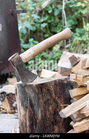 axe stuck in wood stump Stock Photo