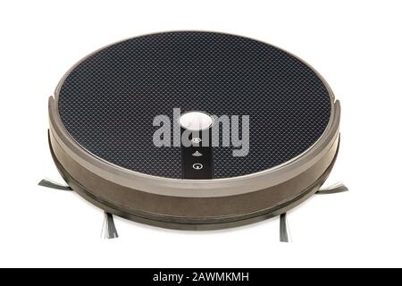 Big round robot vacuum cleaner with two brushes Isolated on a white background Stock Photo