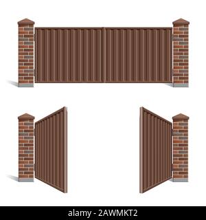 A red brick gate with a metal profile on a white, isolated background. Open gate. Stock Vector