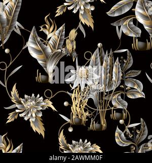 Seamless pattern with golden and metallic leaves, flowers and birds. Vector. Stock Vector