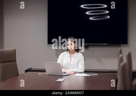 Beautiful businessman using laptop at table in conference room. Stock Photo
