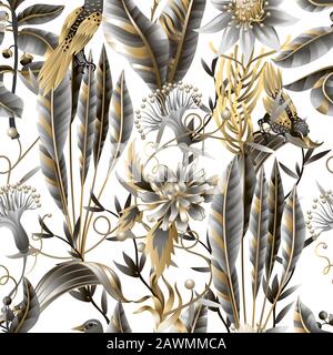 Seamless pattern with golden and metallic leaves, flowers and birds. Vector. Stock Vector