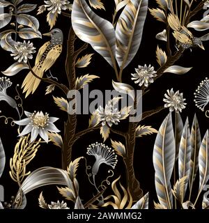 Seamless pattern with golden and metallic leaves, flowers and birds. Vector. Stock Vector