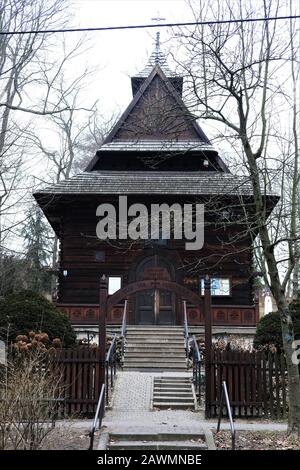 Naleczow, Poland January 23, 2020. Wooden chapel in Zakopane style, designed by Stanislaw Witkiewicz . Stock Photo