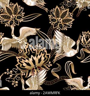 Seamless pattern with Chinese gold cranes and flowers. Vector. Stock Vector
