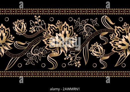 Seamless border with Chinese gold flowers. Vector. Stock Vector