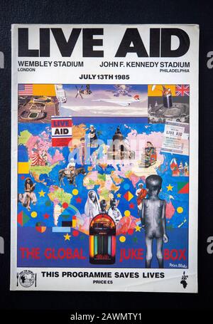 Programme from the Live Aid concert held at Wembley Stadium in the UK on July 13, 1985 Stock Photo