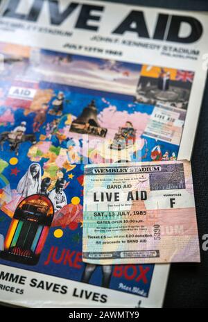 Programme and ticket from the Live Aid concert held at Wembley Stadium in the UK on July 13, 1985 Stock Photo