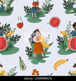 Seamless pattern with musicians and fruits. Stock Vector