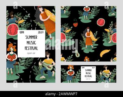Three posters for summer musical festival with musicians and fruits. Stock Vector