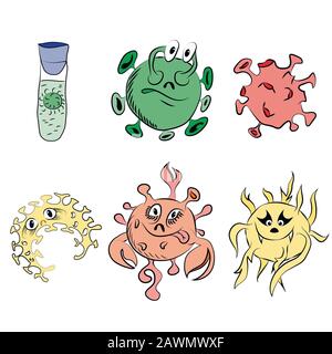 Vector drawing of various smiling germs, test tubes Stock Vector