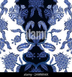Seamless pattern with branches flowers in chinoiserie style. Japanese blue ceramic print. Stock Vector