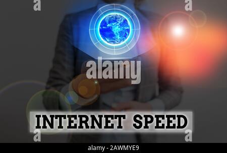 Conceptual hand writing showing Internet Speed. Concept meaning the rate which internet connection is able to move or operate Elements of this image f Stock Photo