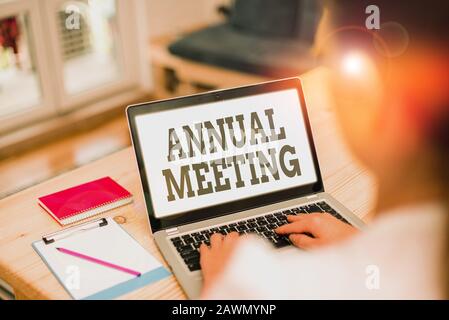 Handwriting text Annual Meeting. Conceptual photo a meeting of the general membership of an organization Stock Photo