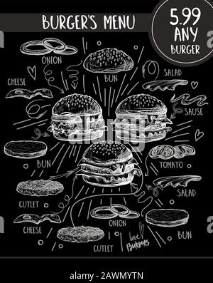 Burger menu with composition of products in graphic style. Stock Vector