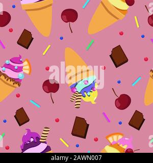 Yellow pink blue ice-cream. Chocolate and cherry on pink background. Vector seamless pattern Stock Vector