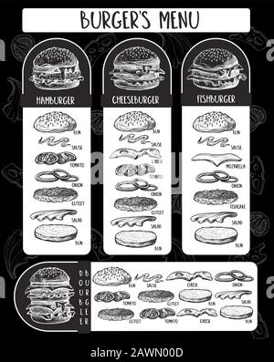 Burger menu with composition of products in graphic style. Stock Vector