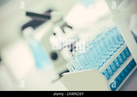 close up. tubes of blue liquid in the science lab Stock Photo