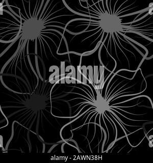 Retro abstract icon with black outlines of flowers on white background. Decorative floral pattern. Vector outline illustration. Black outlines of Stock Vector