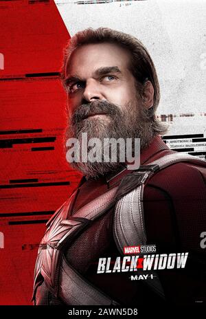 Black Widow (2020) directed by Cate Shortland and starring David Harbour as Alexei Shostakov (aka Red Guardian) a Russian superhuman soldier. Natasha Romanoff (aka Black Widow) gets her own Marvel Cinematic Universe film set between Captain America Civil War and Avengers Infinity War. Stock Photo