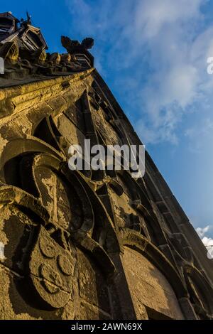 Delft, the Netherlands, Holland,January 18, 2020. view of the New Church (Nieuwe Kerk) Bell Tower architectural decor (details) and tower clock Stock Photo