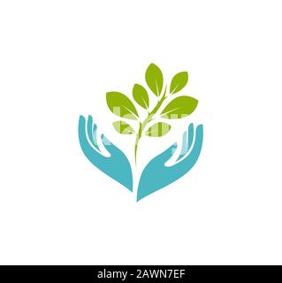 Hands holding plant logo. Environment, nature, agriculture symbol or icon Stock Vector