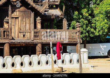 Nat Taung Kyaung wooden monastery in Bagan, Myanmar, former Burma in Asia Stock Photo