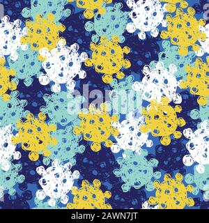 Vector colourful overlapping hand drawn corona virus germs seamless pattern. Suitable for gift wrap, textile and wallpaper. Stock Vector