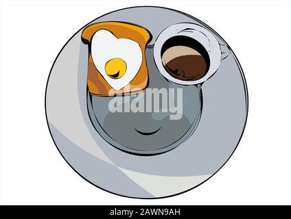 Fried egg and outline mug of coffee on plate Stock Vector